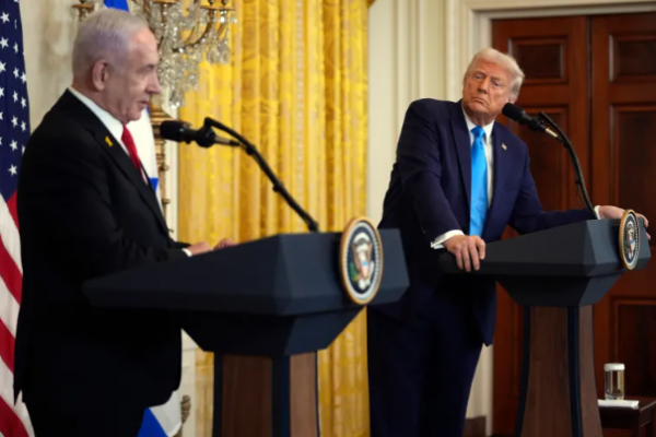 President Trump with Israeli Prime Minister Netanyahu at a White House press conference discussing the U.S. plan to take over Gaza.