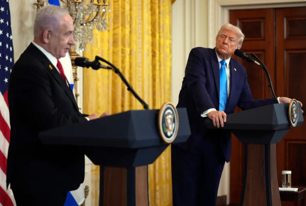 President Trump with Israeli Prime Minister Netanyahu at a White House press conference discussing the U.S. plan to take over Gaza.